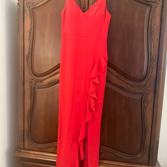 Xscape Long Ruffled Evening Gown, Size 10 RED, Spaghetti Strap Scuba crepe - Picture 4 of 9